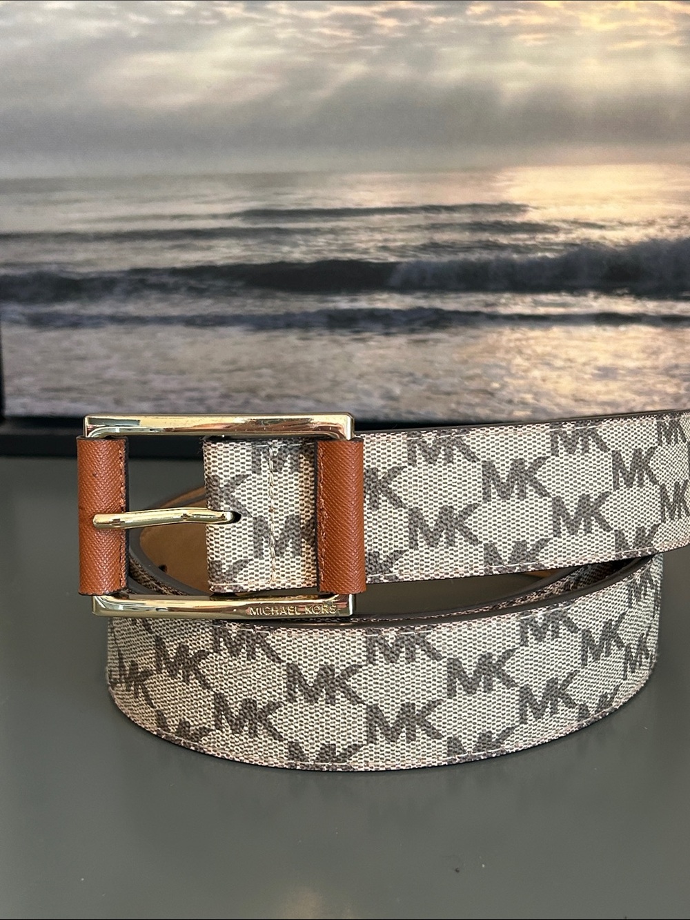 Michael Kors Beige and Brown MK Logo Belt with gold tone hardware.  EUC.